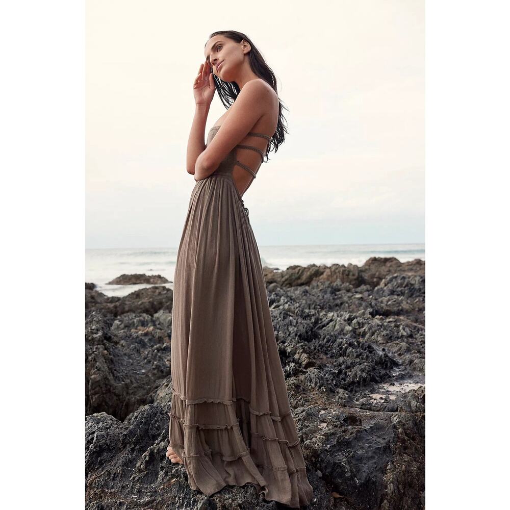 Free People Extratropical Maxi Dress Olive Stone XL Open Back Ruffle Boho - Picture 3 of 11